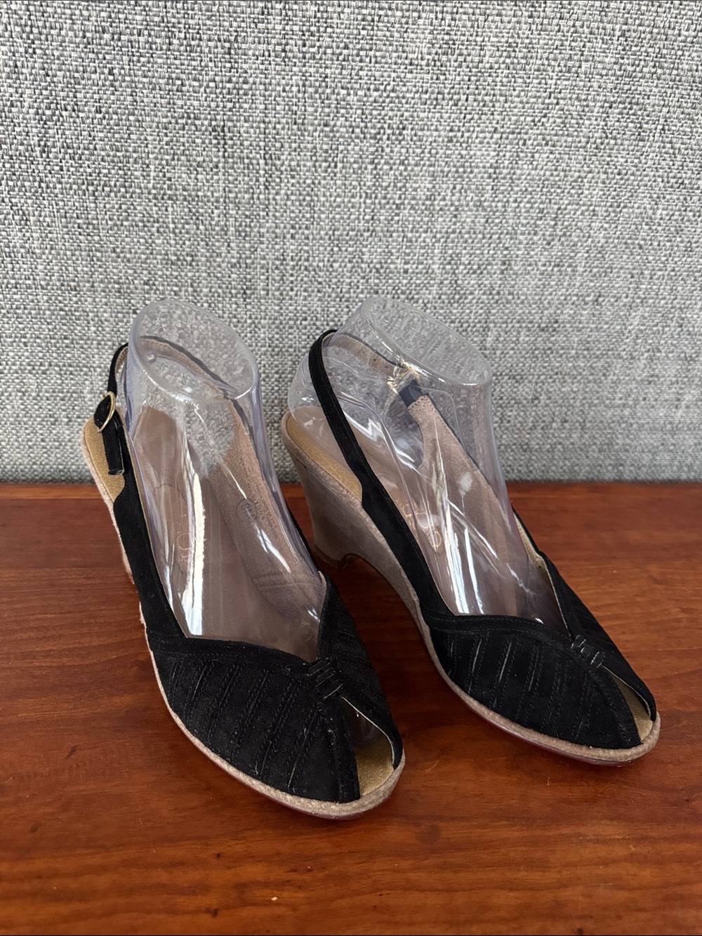 VTG Glorius Peep Toe Black Suede Slingback Wedges 8M Genuine Leather